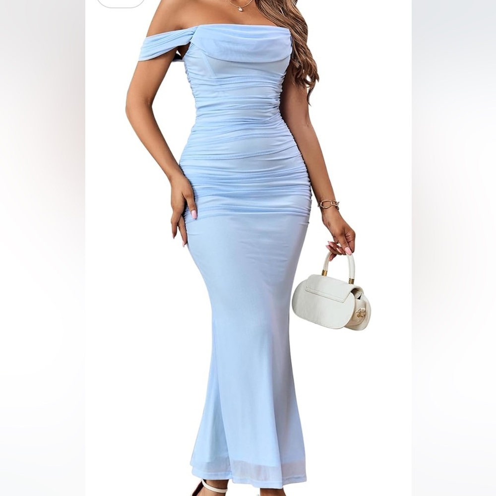 Elegant Light Blue Ruched Maxi Dress